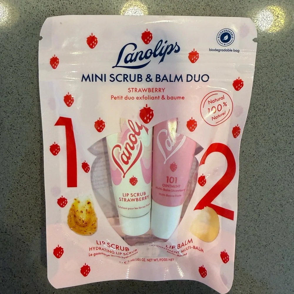 Lanolips Mini Lip Scrub and Balm Duo Strawberry 101 Ointment Hydrating Set NWT